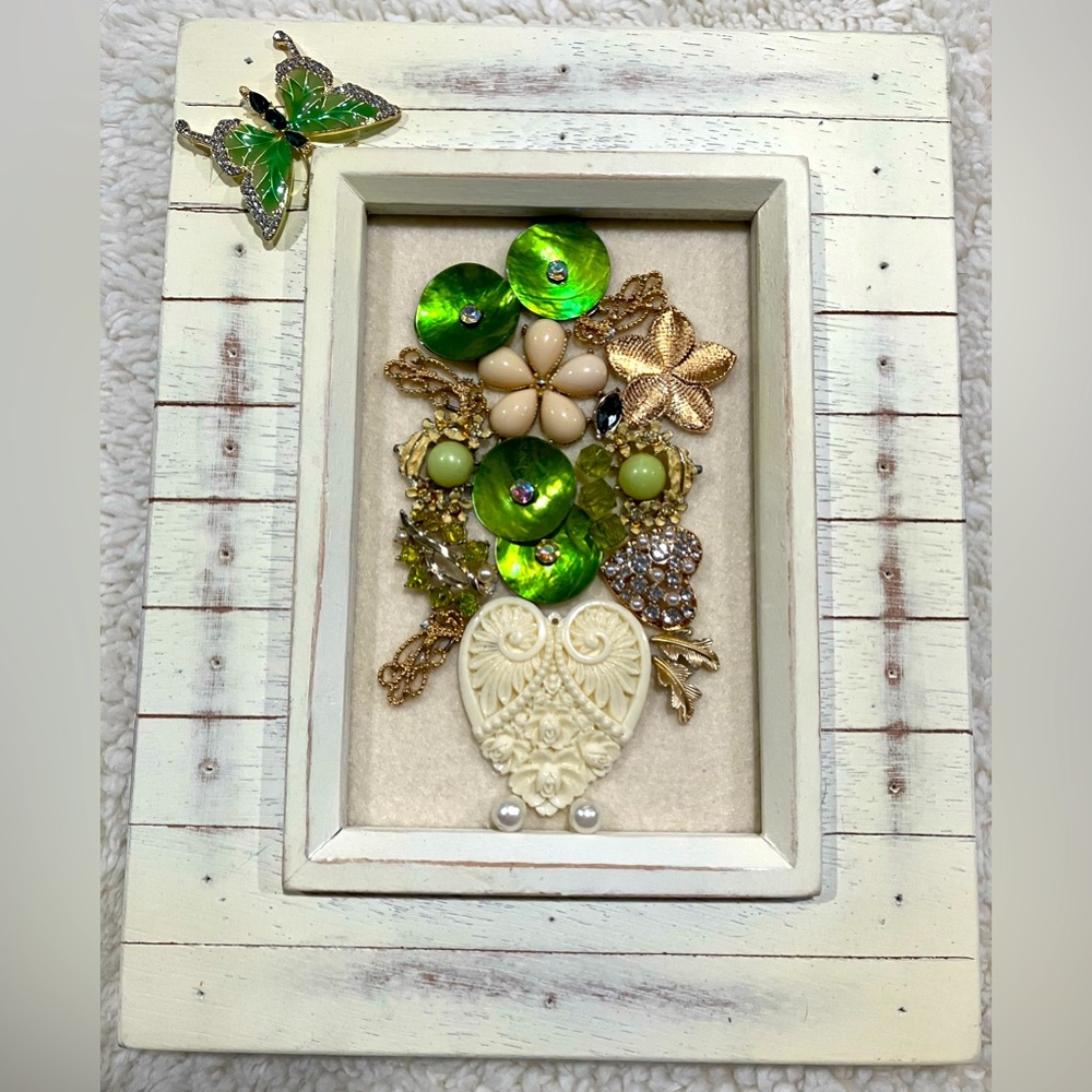 FRAMED JEWELRY ART COLLAGE IN GREEN/CREAM. 3-D EFFECT HANDMADE UNIQUE OOAK GIFT